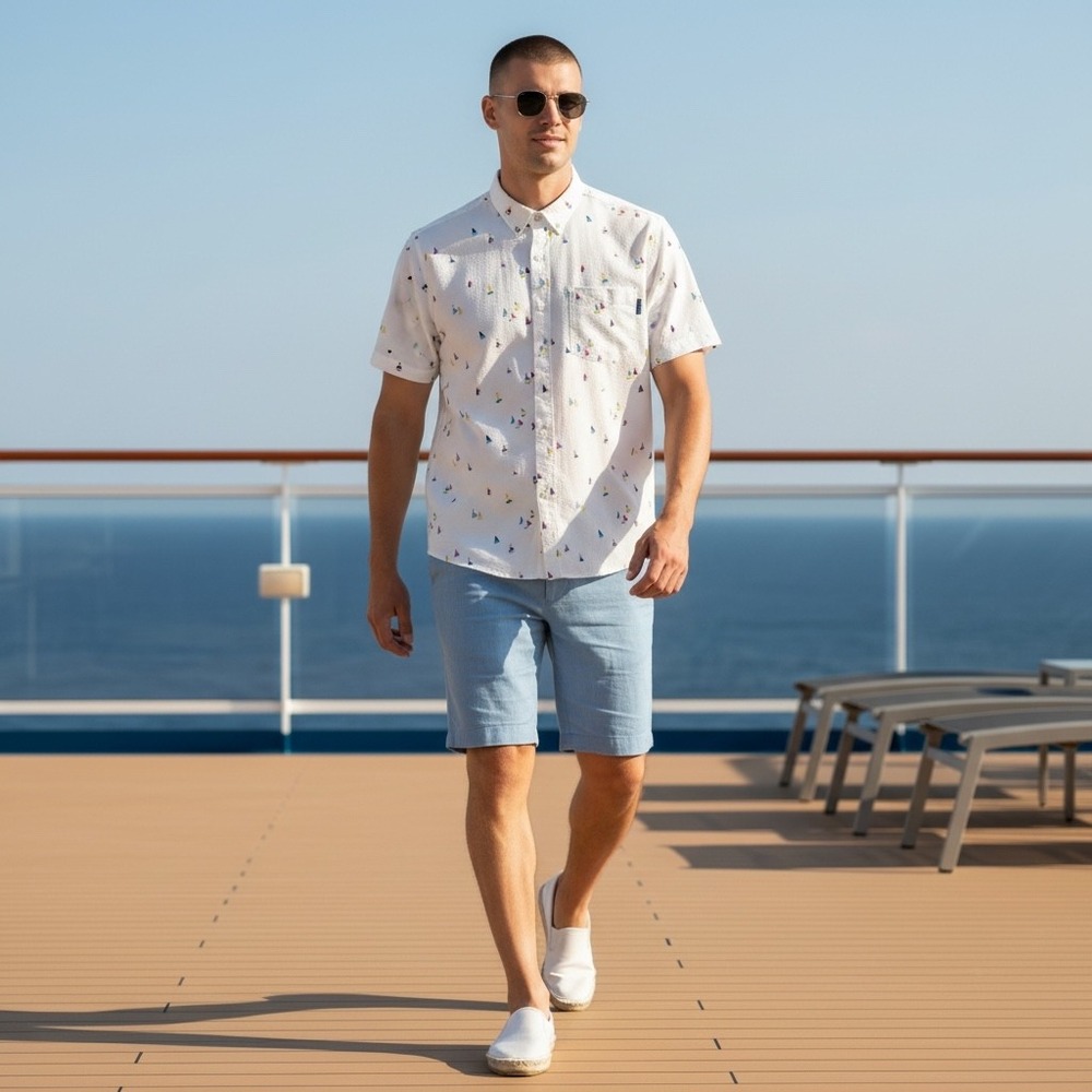 Chubbies Men XL White Sailboat Seersucker Short Sleeve Popover Shirt TOP200117FP